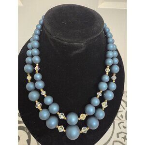 Vtg Estate Double Strand Graduated Faux Blue Pearl Necklace Ornate Clasp